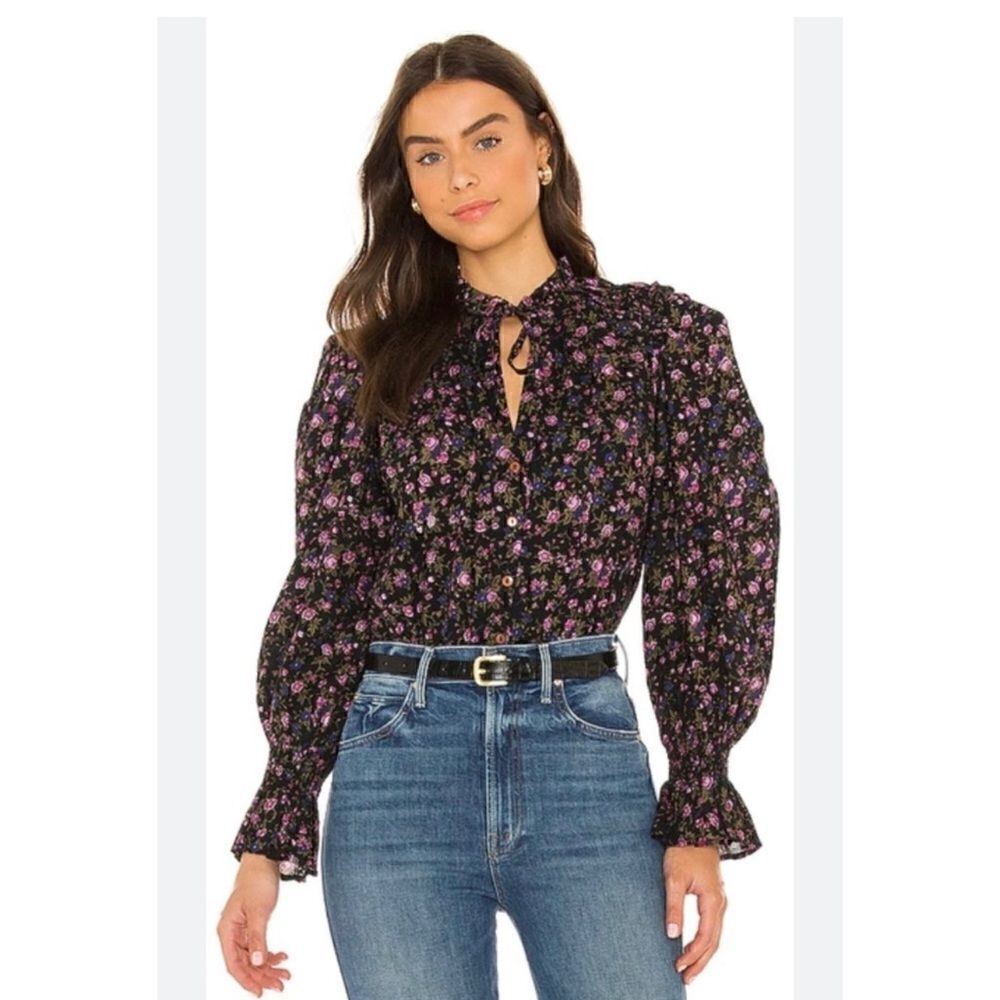 FREE PEOPLE MEANT‎ TO BE SMOCKED BLOUSE OB1334909 FLORAL BLACK COMBO SIZE XS